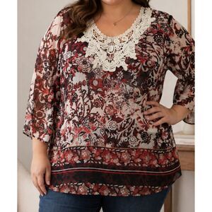 Cato Plus Size 18/20W Boho Floral Blouse Lace Neck Sheer Bell Sleeve Top
